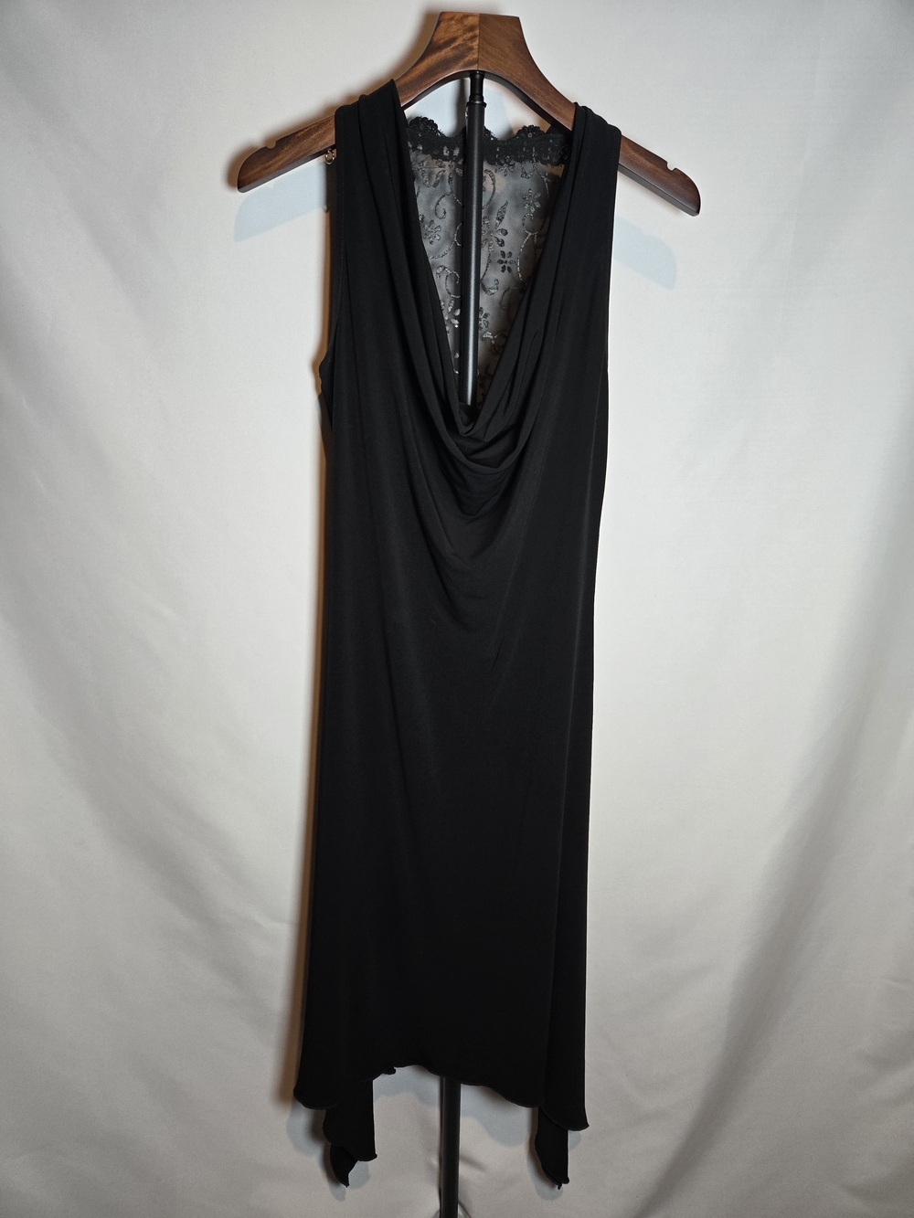 Sleeveless Black Midi Dress with Draped Cowl Neck